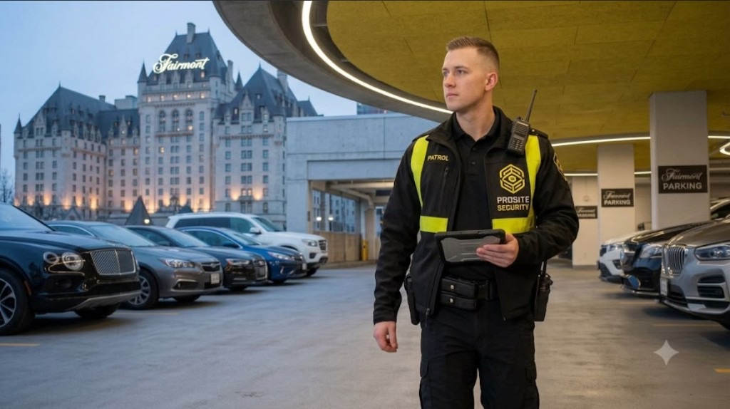 Prosite Security guard on digital patrol in a hotel parking structure