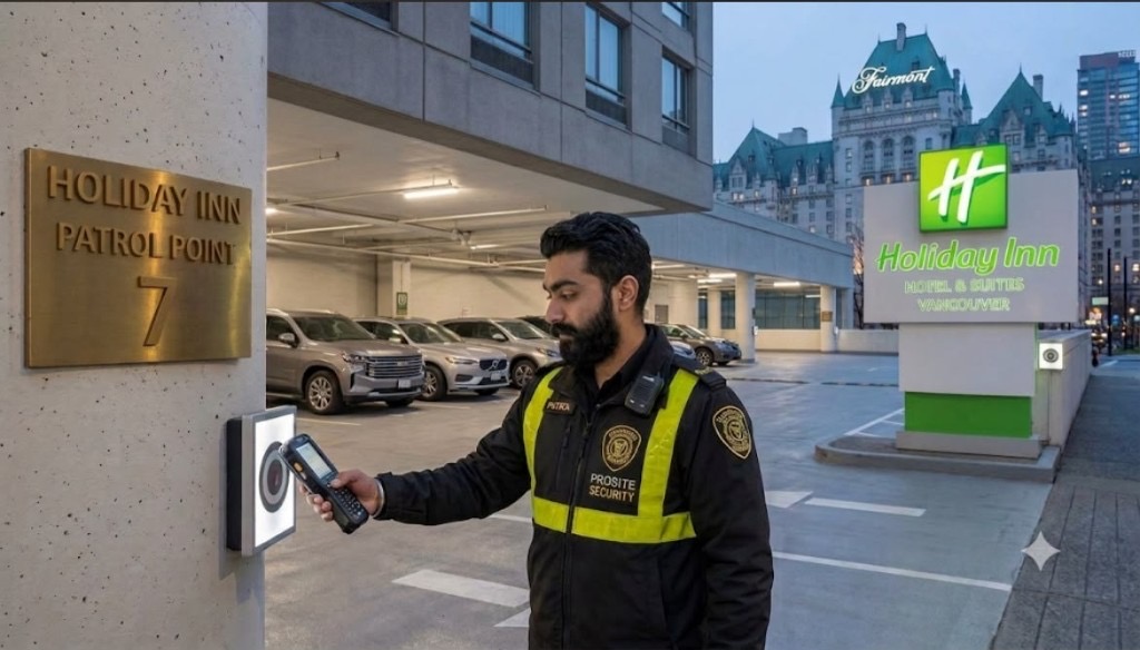 Prosite Security officer scanning a hotel patrol checkpoint